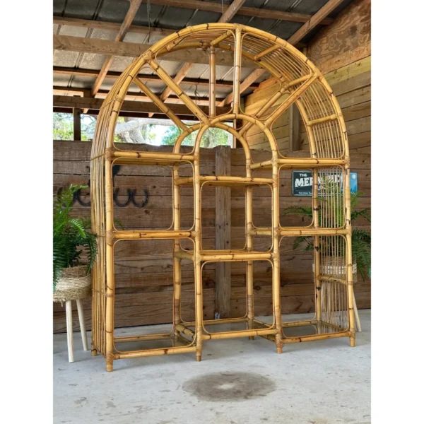 1970’s Coastal Boho Bamboo Arch Etagere Bookcase - Image 4