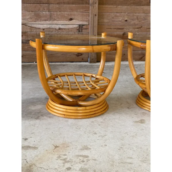 1970’s Coastal Mid-Century Modern Stacked Rattan Side Tables-Pair - Image 12