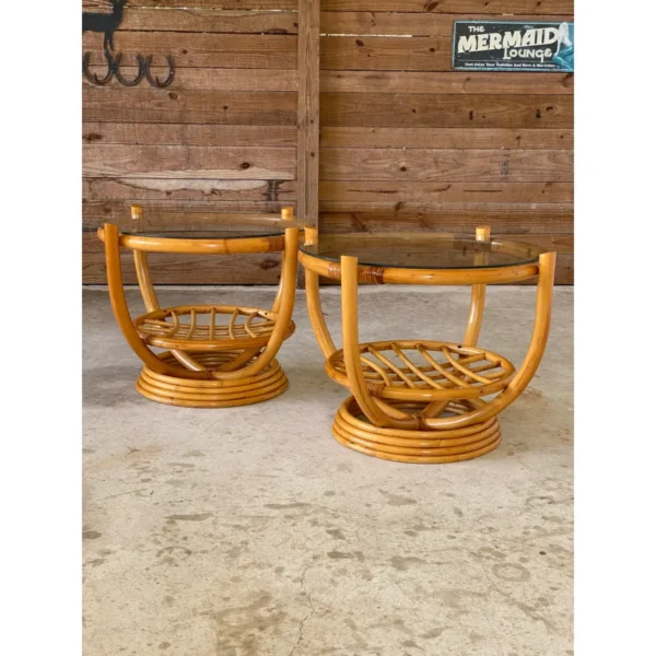 1970’s Coastal Mid-Century Modern Stacked Rattan Side Tables-Pair - Image 3
