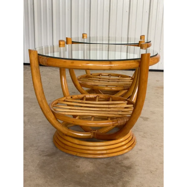 1970’s Coastal Mid-Century Modern Stacked Rattan Side Tables-Pair - Image 7