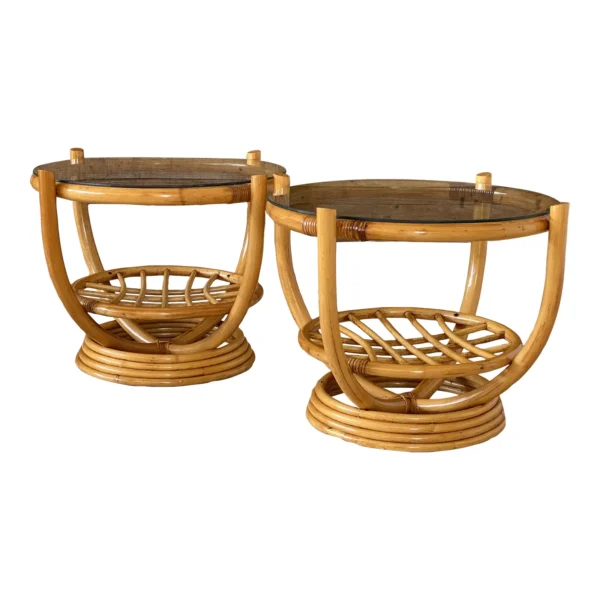 1970’s Coastal Mid-Century Modern Stacked Rattan Side Tables-Pair