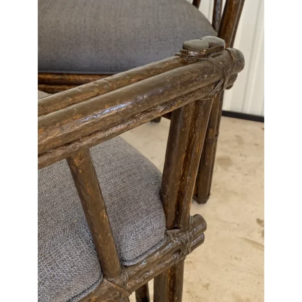 1990’s McGuire Rustic Faux Bois Rattan Target Back Dining Chairs-Set of Four - Image 11