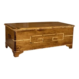 Antique French Country Coastal Wood Greek Key Bamboo Trim Trunk Blanket Chest