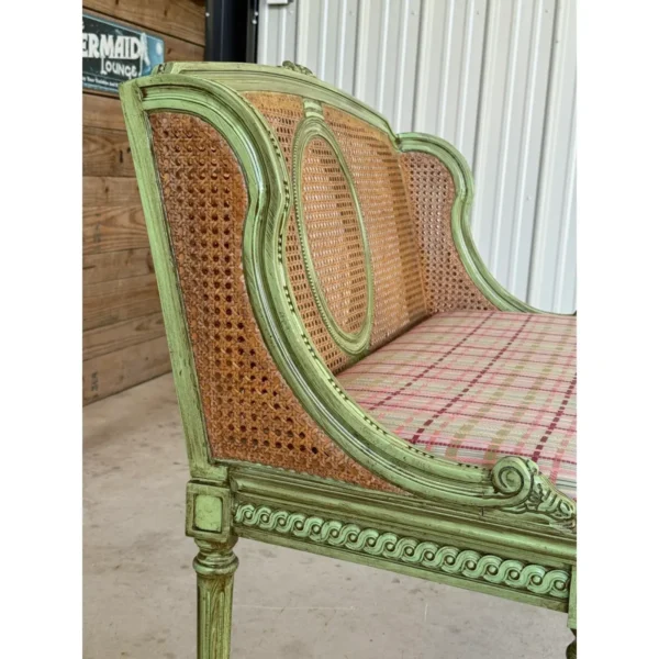 Antique Louis XVI Style Caned Settee With Distressed Green Painted Finish - Image 13