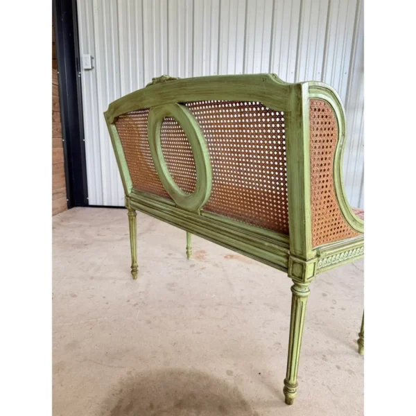Antique Louis XVI Style Caned Settee With Distressed Green Painted Finish - Image 7