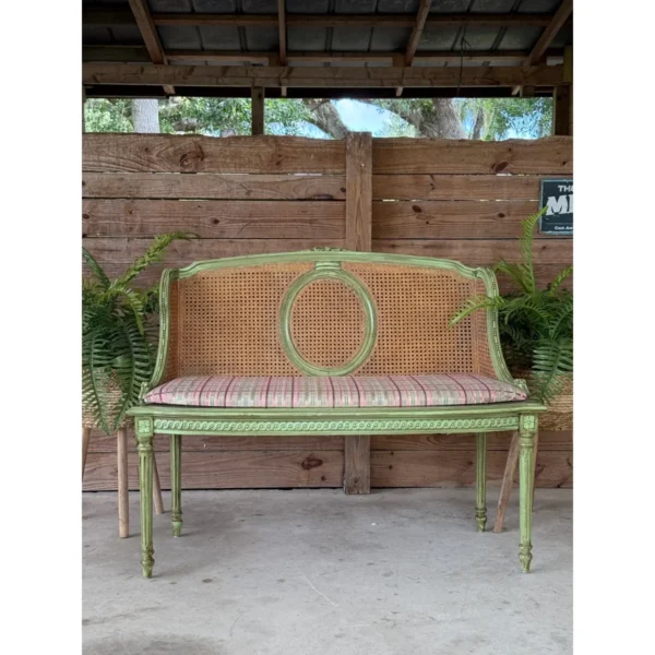 Antique Louis XVI Style Caned Settee With Distressed Green Painted Finish - Image 9