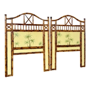 British Colonial Refinished Rattan Coastal Palm Tree Twin Headboards-Pair