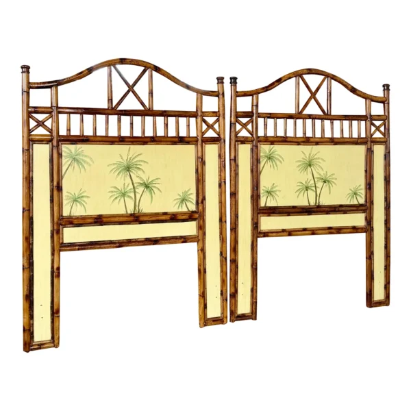 British Colonial Refinished Rattan Coastal Palm Tree Twin Headboards-Pair