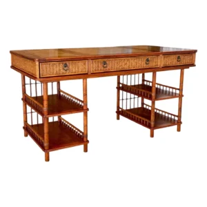 British Colonial Style Bamboo and Woven Rattan Desk With Leather Inset Top