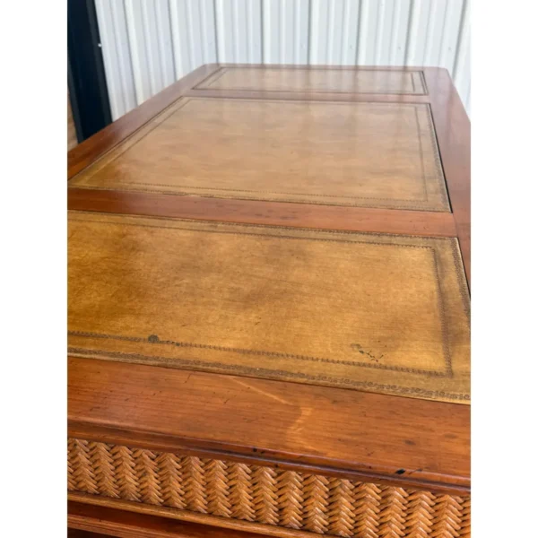 British Colonial Style Bamboo and Woven Rattan Desk With Leather Inset Top - Image 7