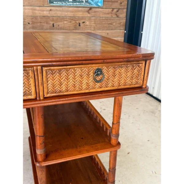 British Colonial Style Bamboo and Woven Rattan Desk With Leather Inset Top - Image 3