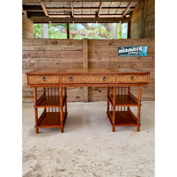 British Colonial Style Bamboo and Woven Rattan Desk With Leather Inset Top - Image 11