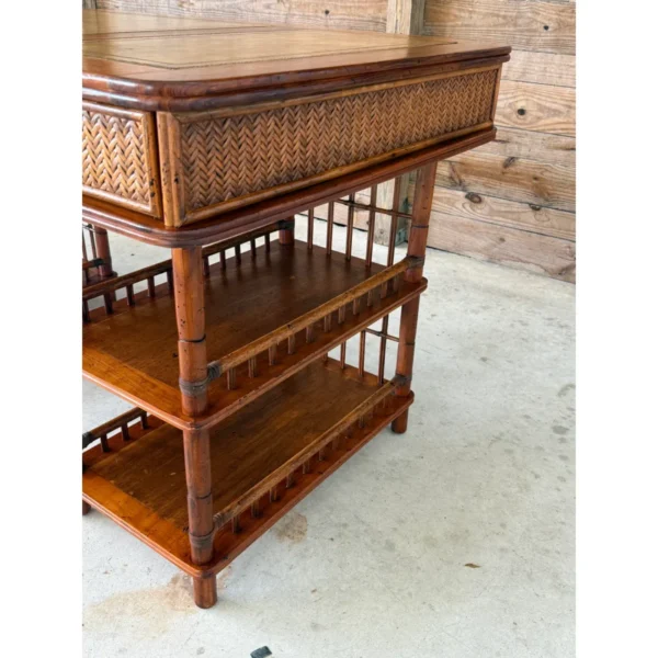 British Colonial Style Bamboo and Woven Rattan Desk With Leather Inset Top - Image 6