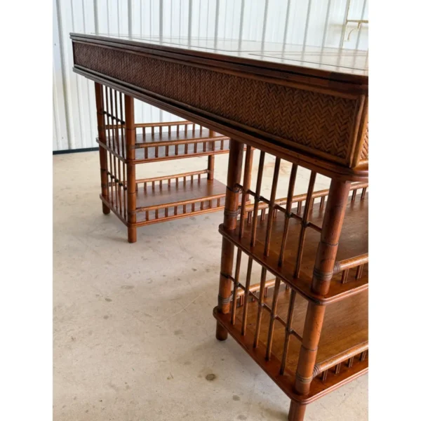 British Colonial Style Bamboo and Woven Rattan Desk With Leather Inset Top - Image 8