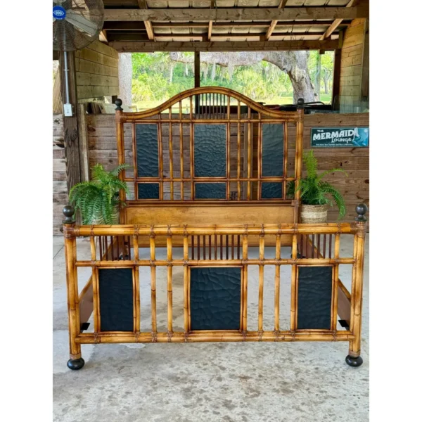 Coastal British Colonial Rattan Black Lacquer Queen Bed by Baker Milling Road - Image 3