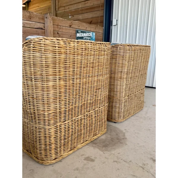 Coastal Ralph Lauren Large Braid Rattan Lounge Chairs With Original Blue and White Fabric - Image 6