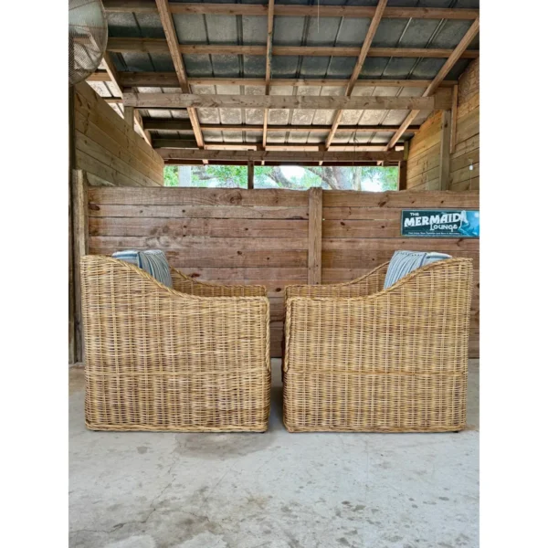 Coastal Ralph Lauren Large Braid Rattan Lounge Chairs With Original Blue and White Fabric - Image 9