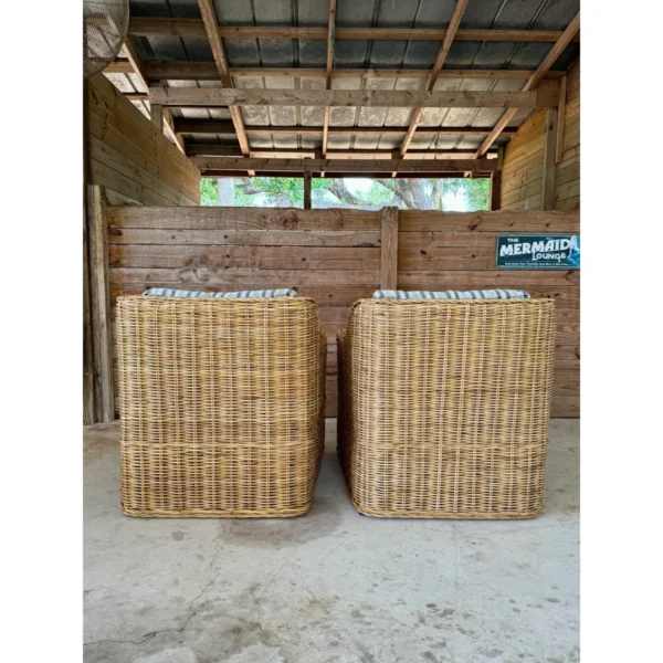 Coastal Ralph Lauren Large Braid Rattan Lounge Chairs With Original Blue and White Fabric - Image 10