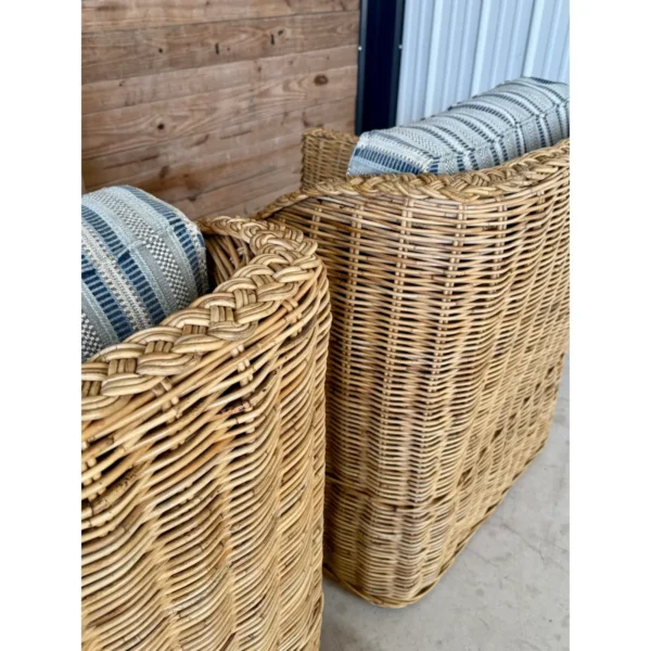Coastal Ralph Lauren Large Braid Rattan Lounge Chairs With Original Blue and White Fabric - Image 8