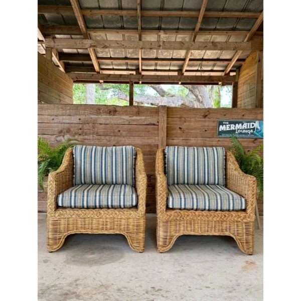 Coastal Ralph Lauren Large Braid Rattan Lounge Chairs With Original Blue and White Fabric - Image 12