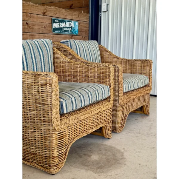Coastal Ralph Lauren Large Braid Rattan Lounge Chairs With Original Blue and White Fabric - Image 5