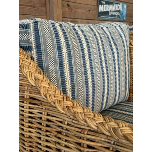 Coastal Ralph Lauren Large Braid Rattan Lounge Chairs With Original Blue and White Fabric - Image 3
