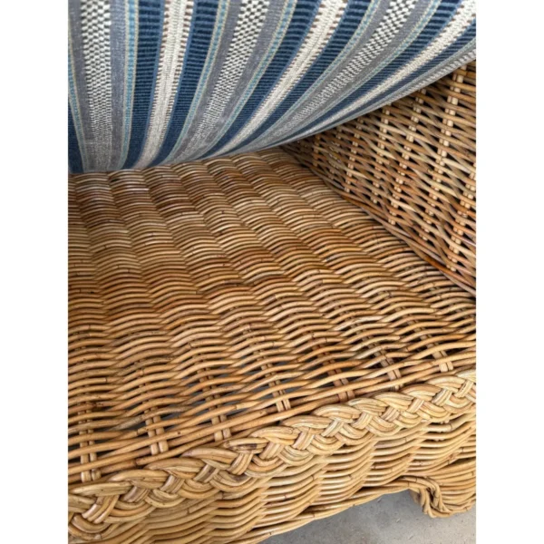 Coastal Ralph Lauren Large Braid Rattan Lounge Chairs With Original Blue and White Fabric - Image 4