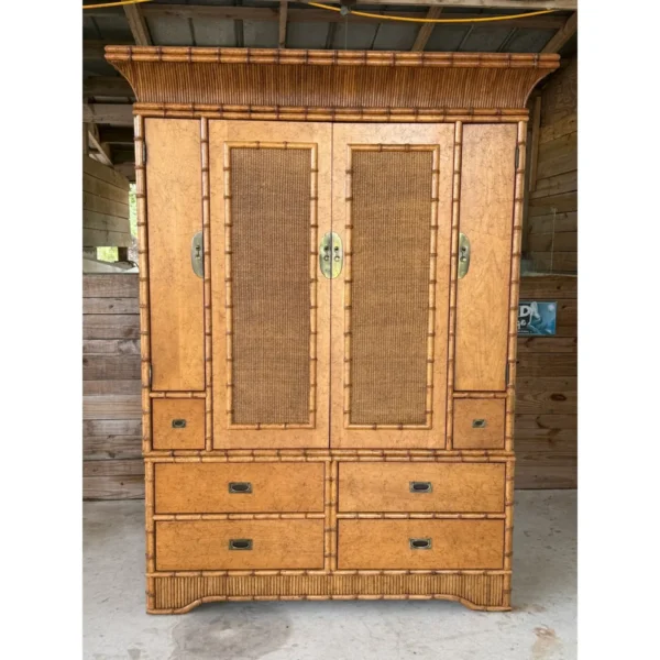 Coastal Regency Faux Bamboo and Cane Armoire by Miller Yee Fong for Ficks Reed - Image 3