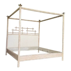 Late 20th Century Cerused Faux Bamboo Canopy King Bed W Tole Metal Leaf Finials