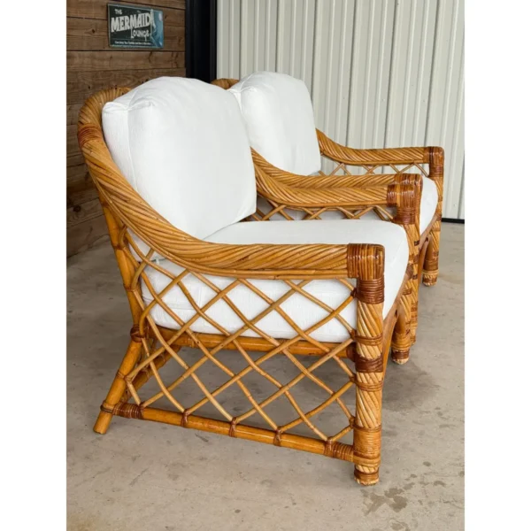 Late 20th Century Organic Modern Restored Twist Rattan Lounge Chairs With Custom Sunbrella Upholstery-Pair - Image 4