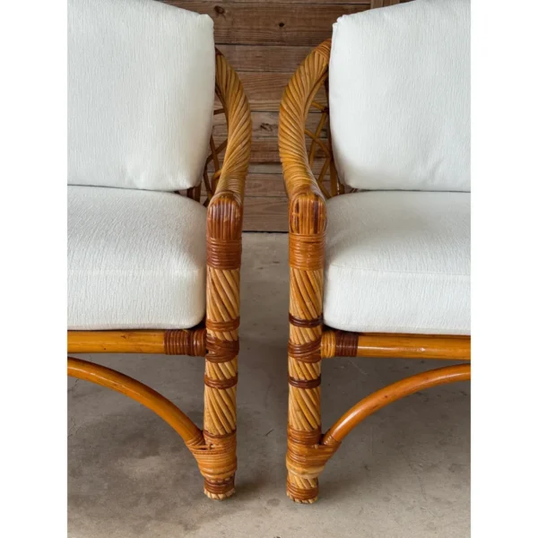 Late 20th Century Organic Modern Restored Twist Rattan Lounge Chairs With Custom Sunbrella Upholstery-Pair - Image 10