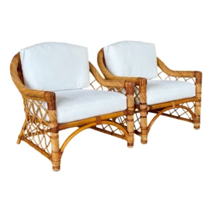 Late 20th Century Organic Modern Restored Twist Rattan Lounge Chairs With Custom Sunbrella Upholstery-Pair