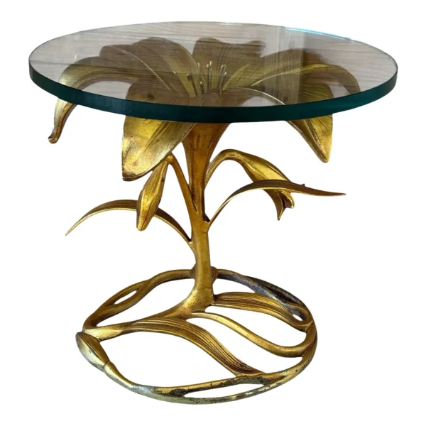 Mid-20th Century Arthur Court Gilded Lily Side Table With Glass Top