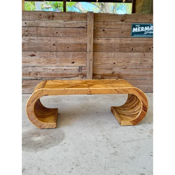 Mid-20th Century Organic Modern Restored Pencil Rattan Scroll Coffee Table - Image 4