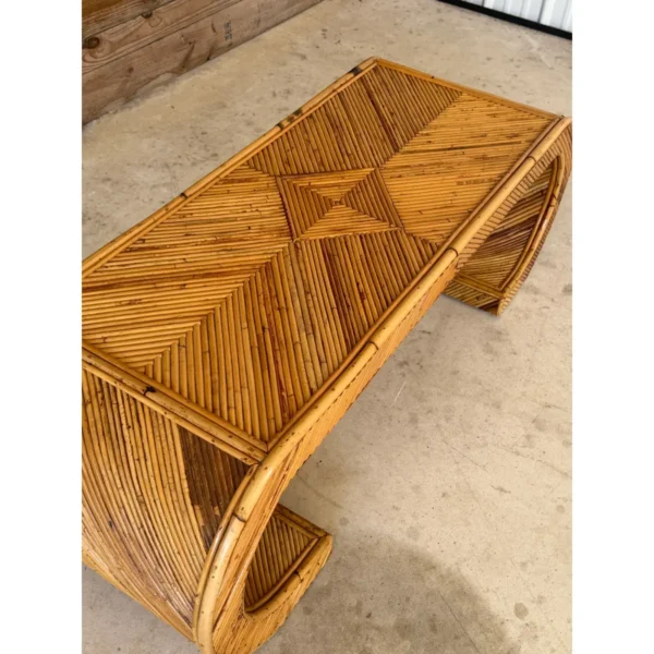 Mid-20th Century Organic Modern Restored Pencil Rattan Scroll Coffee Table - Image 11