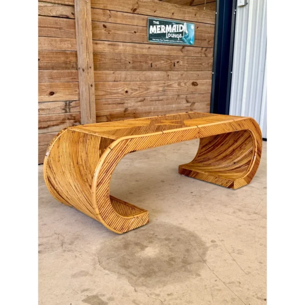 Mid-20th Century Organic Modern Restored Pencil Rattan Scroll Coffee Table - Image 8