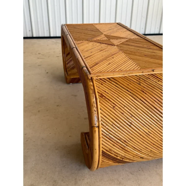 Mid-20th Century Organic Modern Restored Pencil Rattan Scroll Coffee Table - Image 5