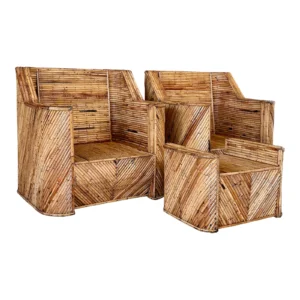 Mid-20th Century Organic Modern Restored Split Rattan Club Lounge Chairs and Ottoman – Set of Three