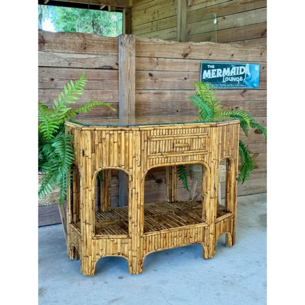 Mid-20th Century Organic Modern Restored Split Rattan Console Table With Custom Hand-Applied Top - Image 11