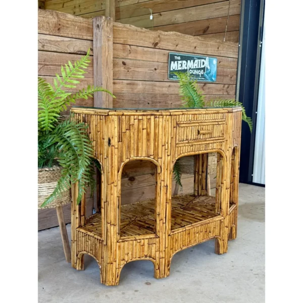 Mid-20th Century Organic Modern Restored Split Rattan Console Table With Custom Hand-Applied Top - Image 12