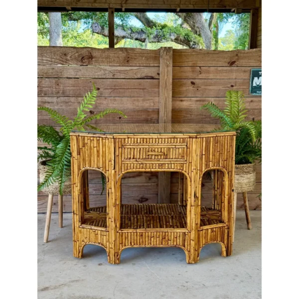 Mid-20th Century Organic Modern Restored Split Rattan Console Table With Custom Hand-Applied Top - Image 10