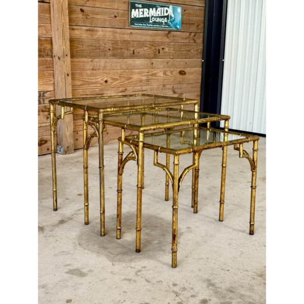Mid-20th Century Regency Gilded Faux Bamboo Metal Nesting Tables-Set of Three - Image 11