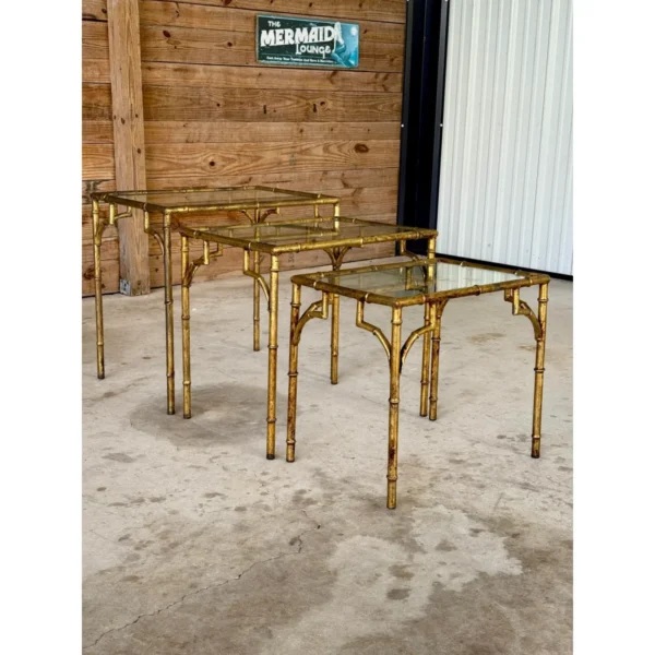 Mid-20th Century Regency Gilded Faux Bamboo Metal Nesting Tables-Set of Three - Image 4