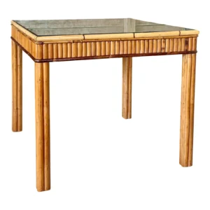 Mid-20th Century Restored Organic Modern Coastal Rattan Card or Game Table With Grasscloth and Glass