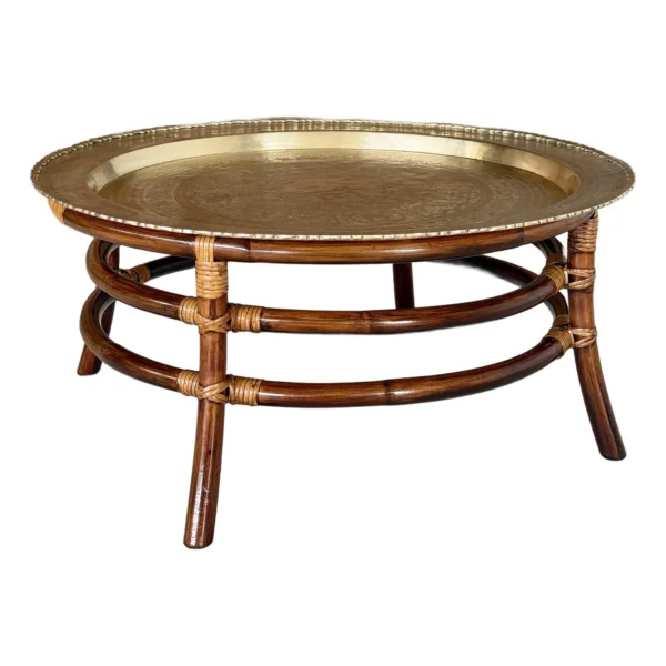 Mid-20th Century Restored Rattan and Etched Brass Tray Coffee Table – Attributed to Ficks Reed