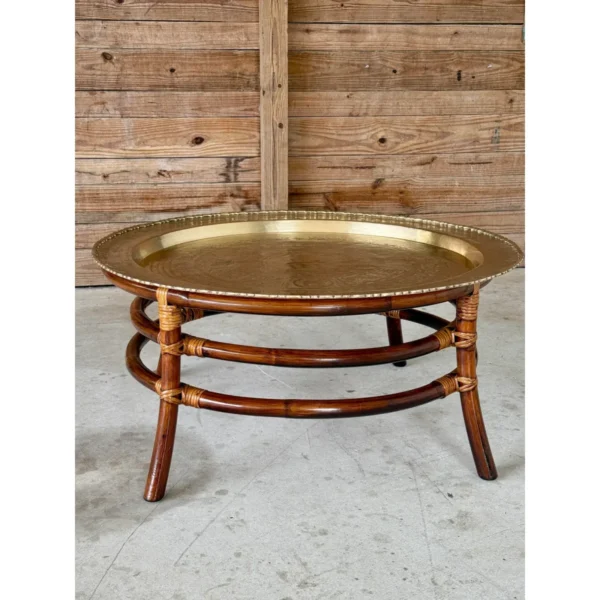 Mid-20th Century Restored Rattan and Etched Brass Tray Coffee Table – Attributed to Ficks Reed - Image 3