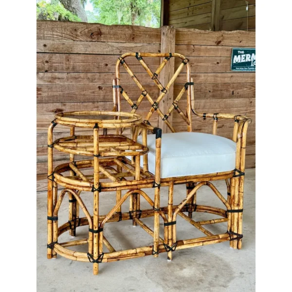 Mid-20th Century Restored Rattan Settee With Built-in Side Table and New Custom Upholstery - Image 12