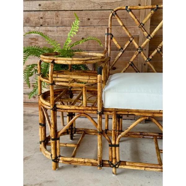 Mid-20th Century Restored Rattan Settee With Built-in Side Table and New Custom Upholstery - Image 6