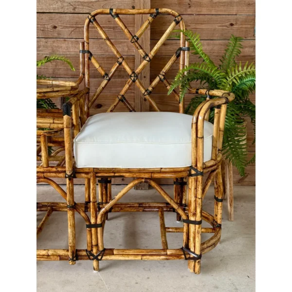 Mid-20th Century Restored Rattan Settee With Built-in Side Table and New Custom Upholstery - Image 4