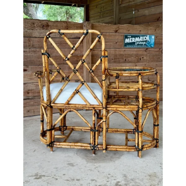 Mid-20th Century Restored Rattan Settee With Built-in Side Table and New Custom Upholstery - Image 8